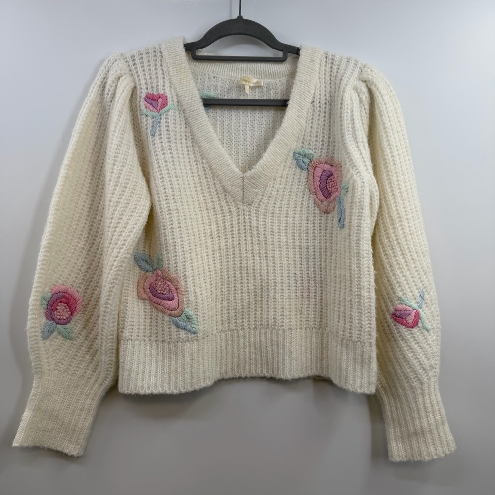 LoveShackFancy Ridge Sweater S Floral Embroidered Wool Blend Cottagecore